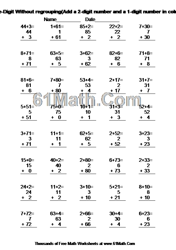 Addition: Two-Digit Plus One-Digit Without regrouping(Add a 2-digit number and a 1-digit number in columns - no carrying)