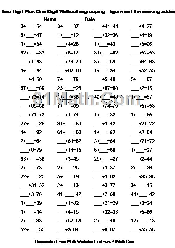 Addition: Two-Digit Plus One-Digit Without regrouping - figure out the missing addend
