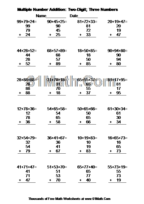Multiple Number Addition Two Digit Three Numbers Create Your Own Math Worksheets