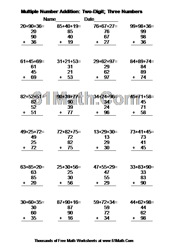 Multiple Number Addition Worksheets