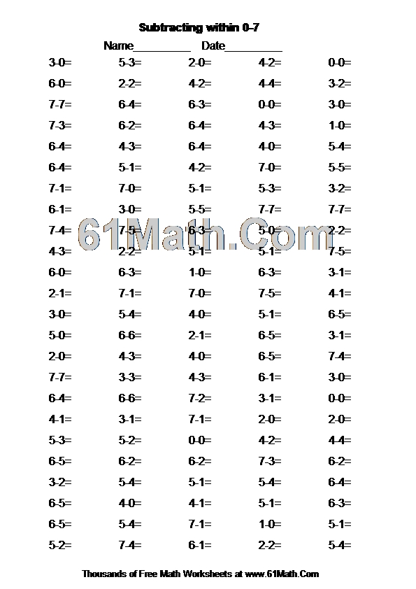 Subtracting within 0-7