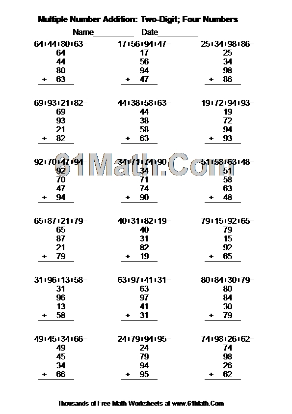 Multiple Number Addition: Two-Digit; Four Numbers | Create Your Own