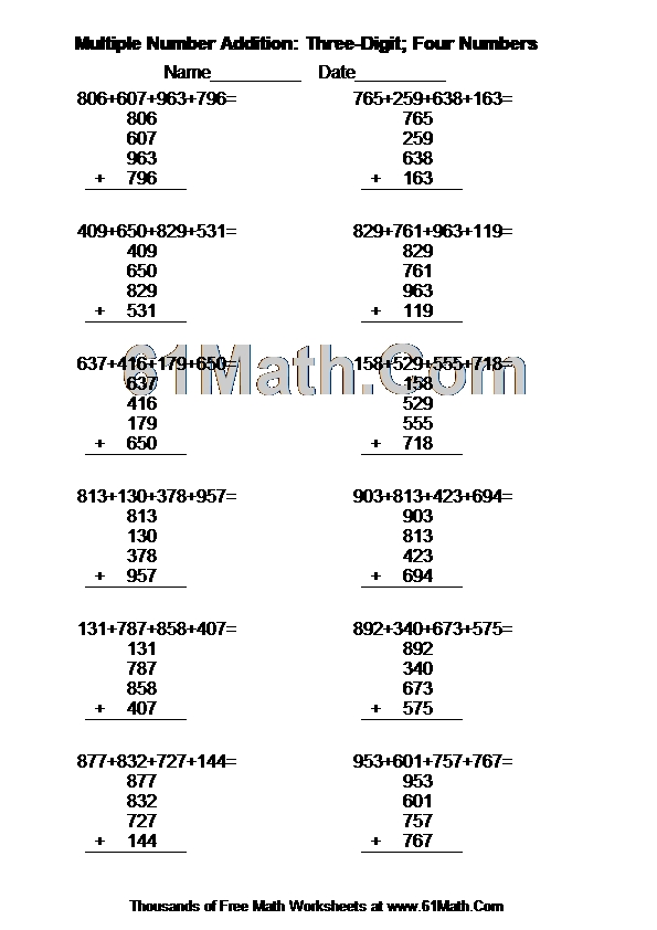 multiple-number-addition-three-digit-four-numbers-create-your-own-math-worksheets