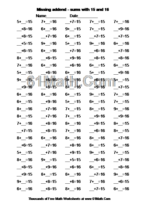 Missing addend - sums with 15 and 16