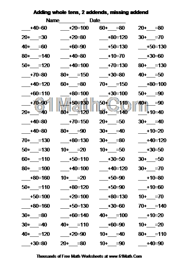 Adding whole tens, 2 addends, missing addend