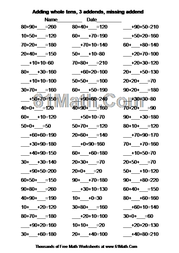 Adding Whole Tens 3 Addends Missing Addend Create Your Own Math Worksheets