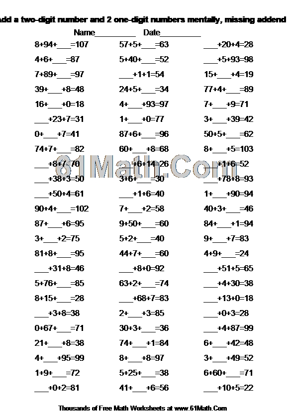 Add a two-digit number and 2 one-digit numbers mentally, missing addend