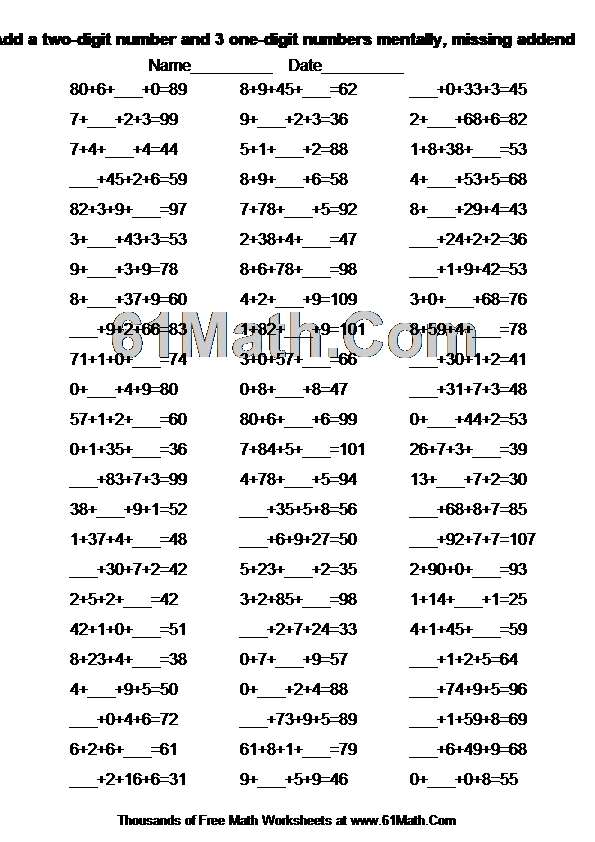 Add a two-digit number and 3 one-digit numbers mentally, missing addend