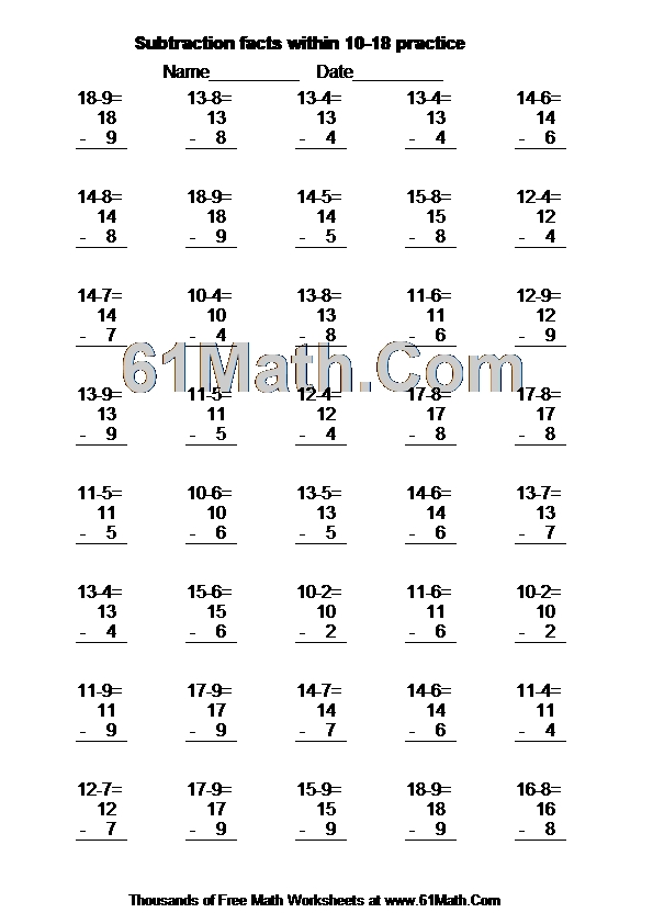 Subtraction facts within 10-18 practice