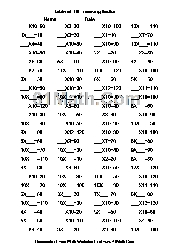 Table of 10 - missing factor