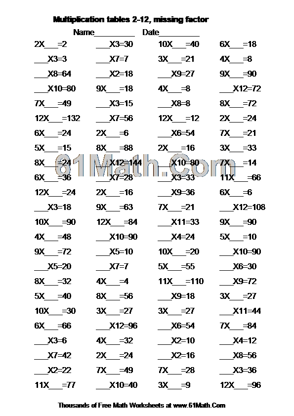 Multiplication tables 2-12, missing factor