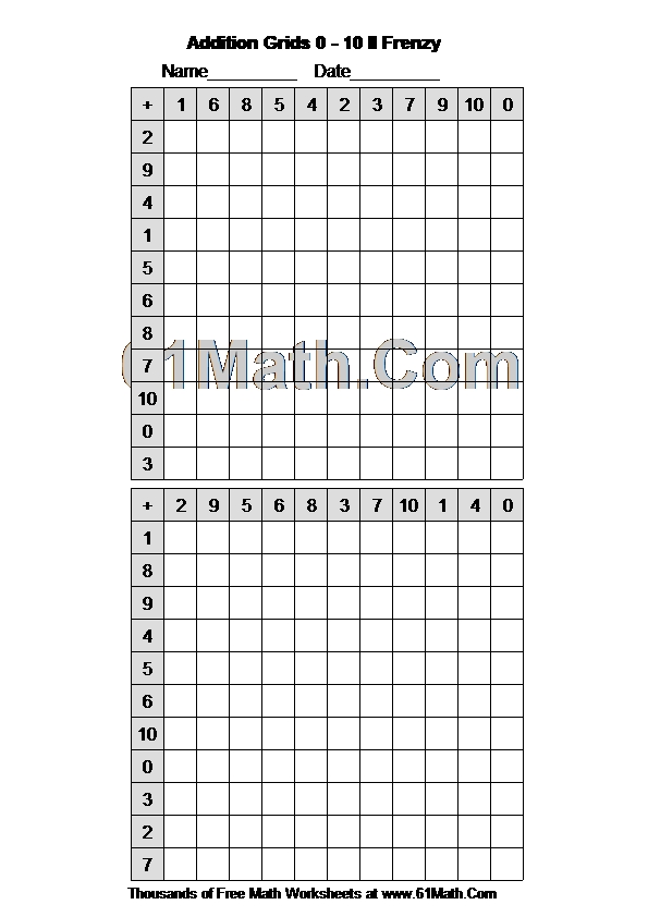 Addition Grids 0 10 II Frenzy Create Your Own Math Worksheets