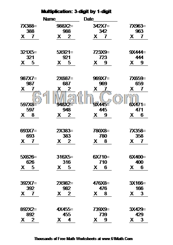 Multiplication: 3-digit by 1-digit Create Your Own Math Worksheets