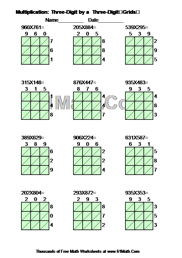 Multiplication: Three-Digit by a  Three-DigitGrids