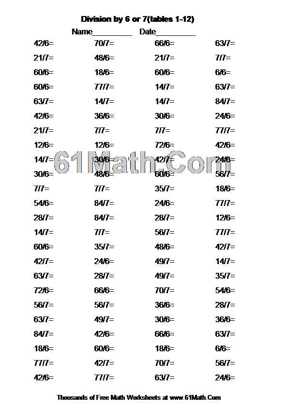 Division by 6 or 7(tables 1-12)