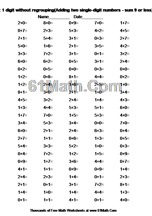 Addition: 1 digit without regrouping(Adding two single-digit numbers - sum 9 or less)