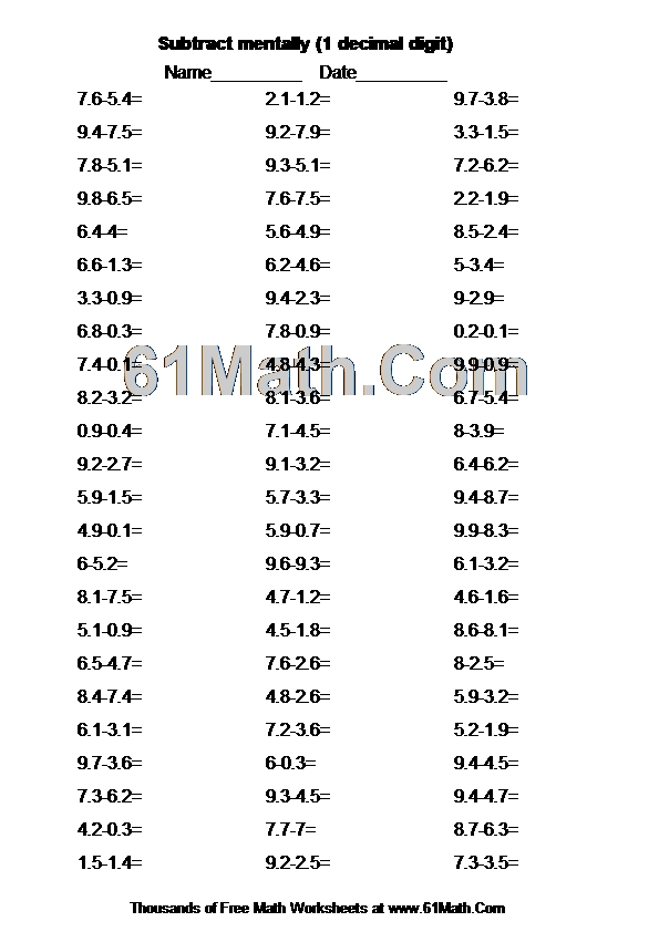 Subtract mentally (1 decimal digit)