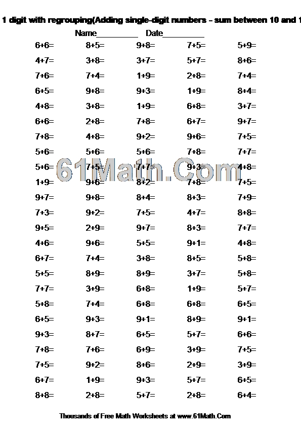 Addition: 1 digit with regrouping(Adding single-digit numbers - sum between 10 and 18)