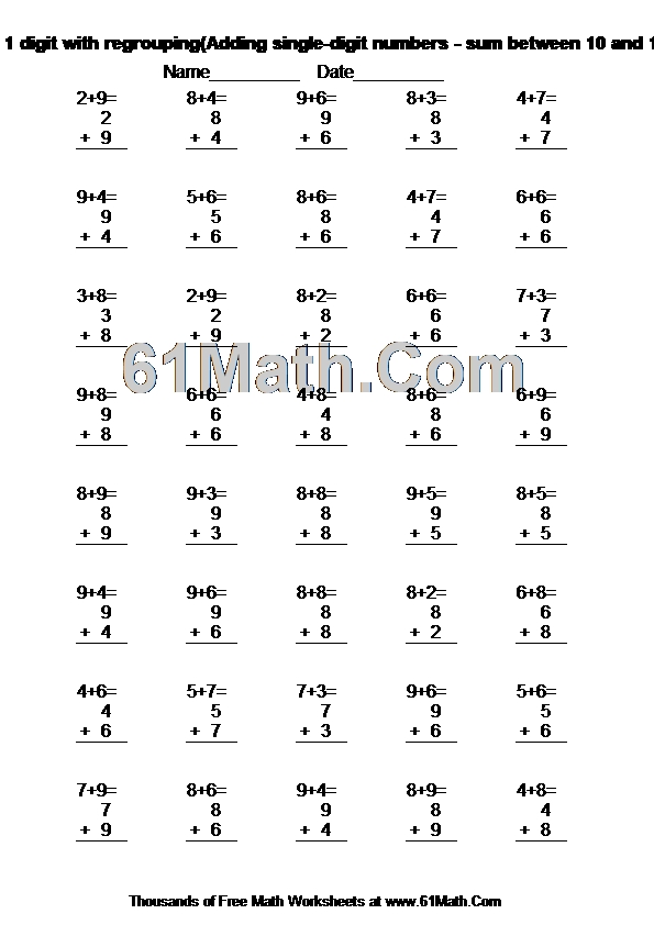 Addition: 1 digit with regrouping(Adding single-digit numbers - sum between 10 and 18)
