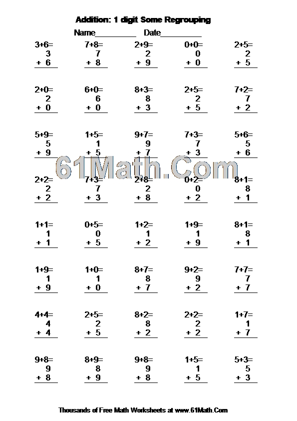 Addition: 1 digit Some Regrouping Create Your Own Math Worksheets