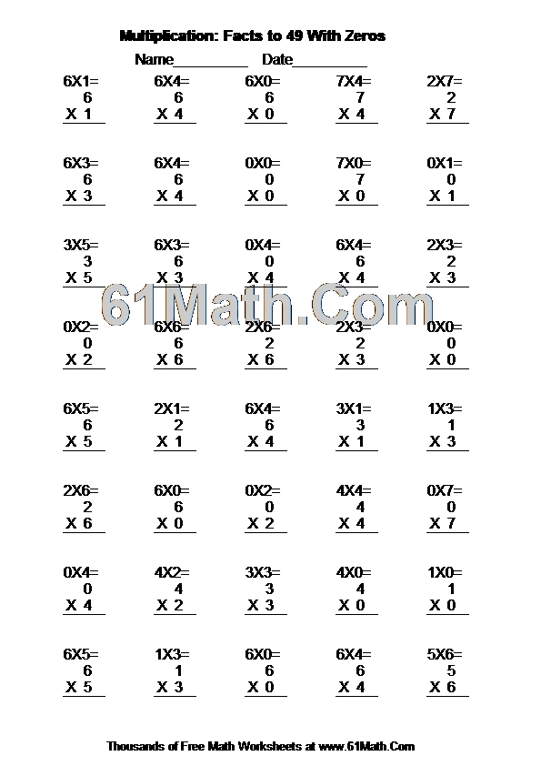 Multiplication Facts To 49 With Zeros Create Your Own Math Worksheets