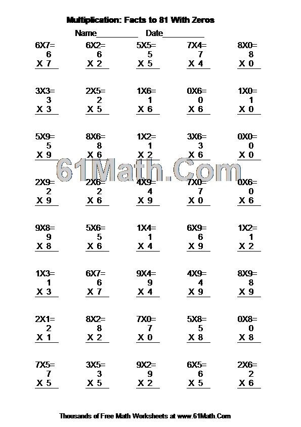 Multiplication Facts To 81 With Zeros Create Your Own Math Worksheets