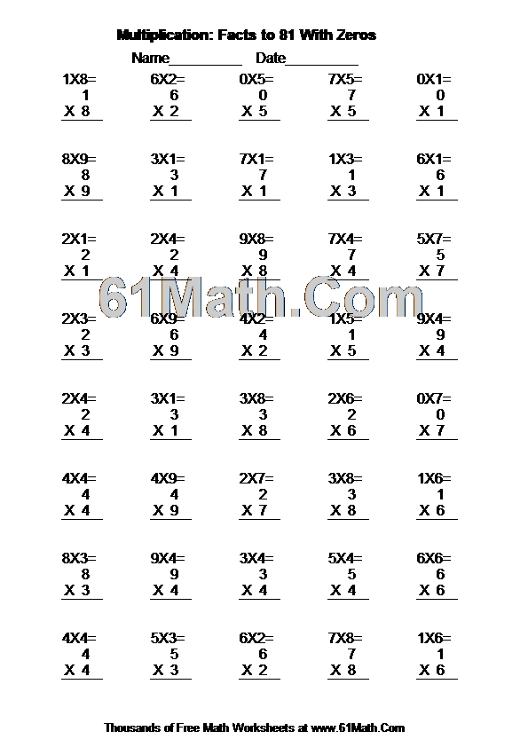 Multiplication Facts To 81 With Zeros Create Your Own Math Worksheets