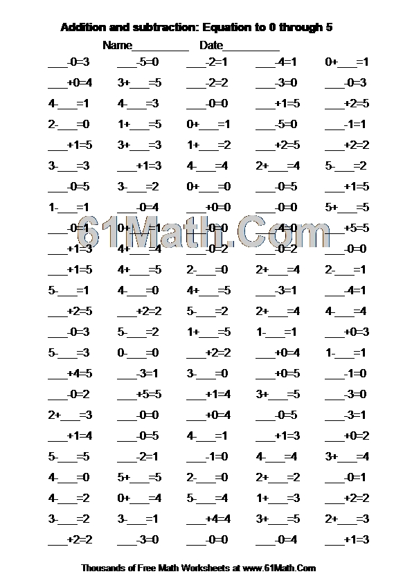 Addition And Subtraction Equation To 0 Through 5 Create Your Own Math Worksheets
