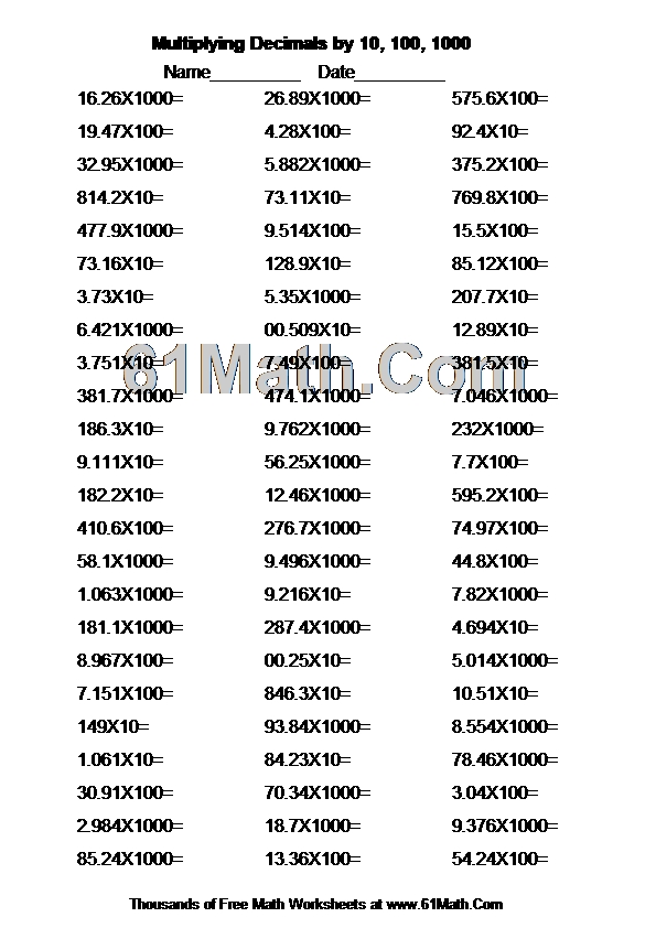 Multiplying Decimals by 10, 100, 1000