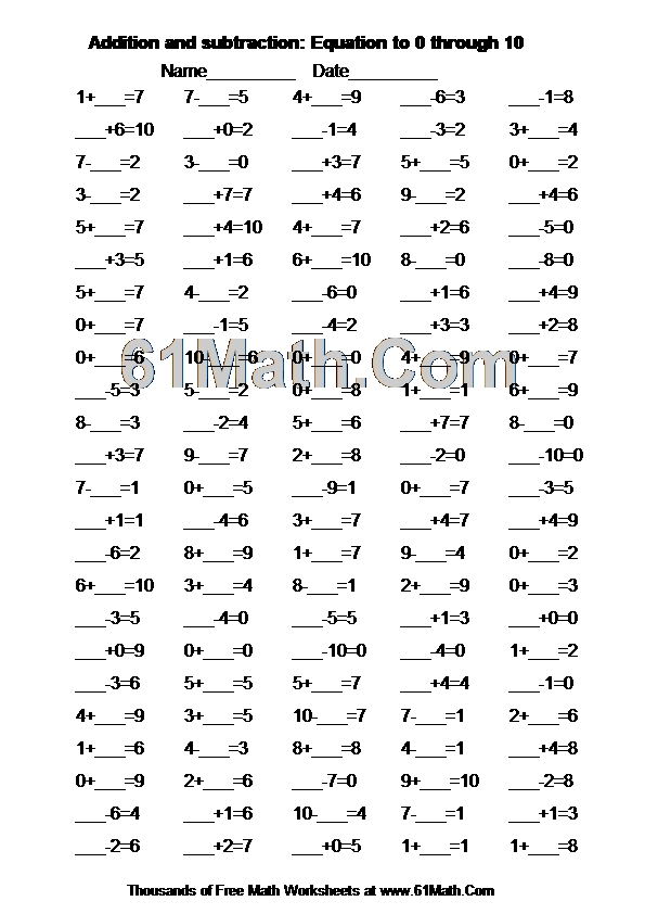 Addition and subtraction: Equation to 0 through 10 Create Your Own Math