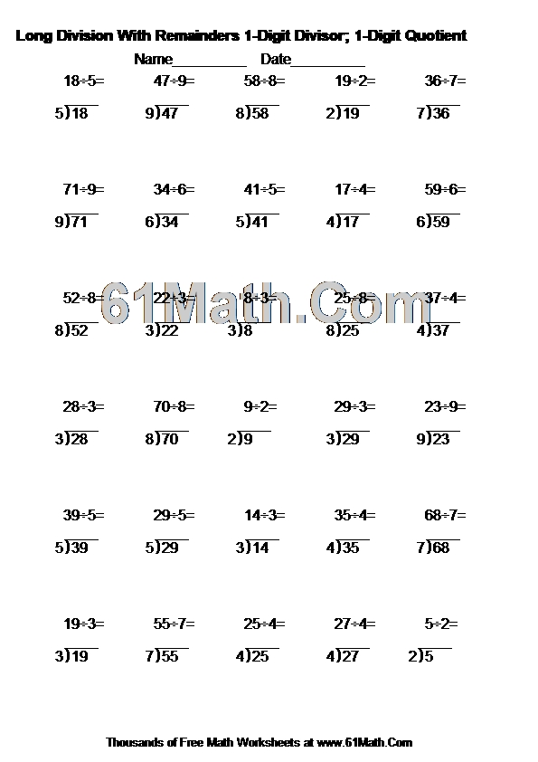 Long Division With Remainders 1-Digit Divisor; 1-Digit Quotient