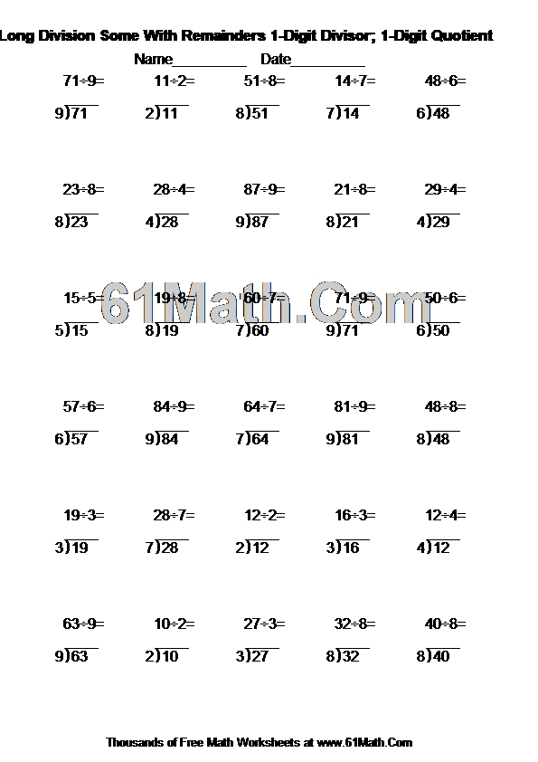 Long Division Some With Remainders 1-Digit Divisor; 1-Digit Quotient
