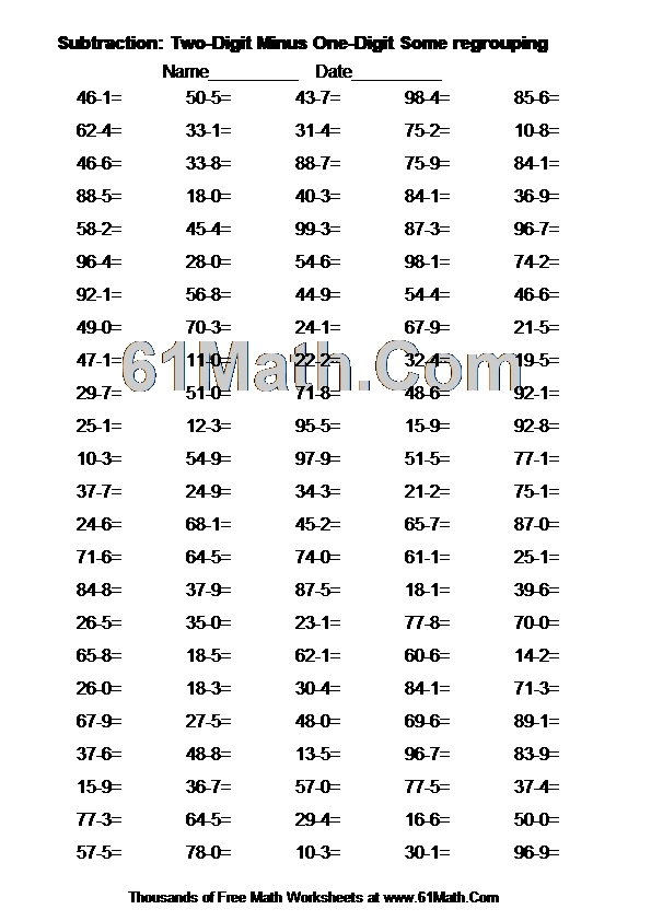 Subtraction: Two-Digit Minus One-Digit Some regrouping