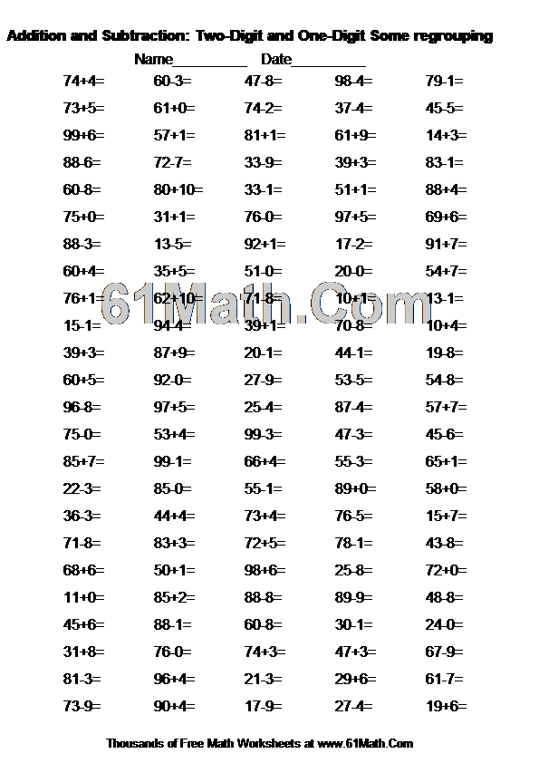 Addition And Subtraction Two Digit And One Digit Some Regrouping Create Your Own Math Worksheets