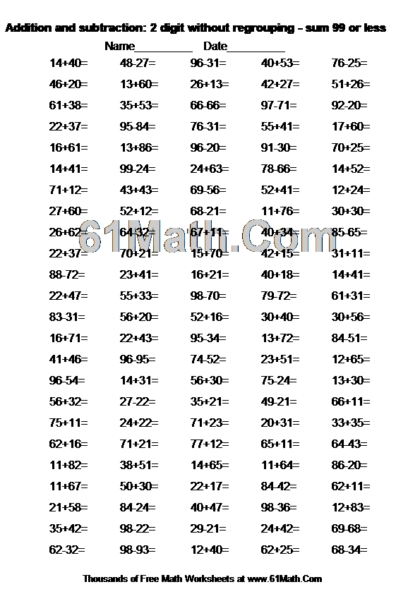 Addition and subtraction: 2 digit without regrouping - sum 99 or less