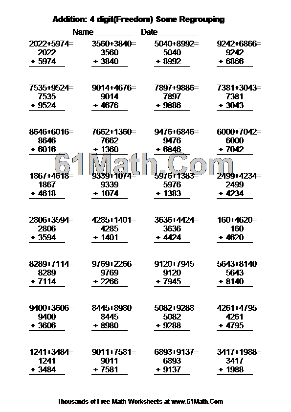 Addition: 4 digit(Freedom) Some Regrouping